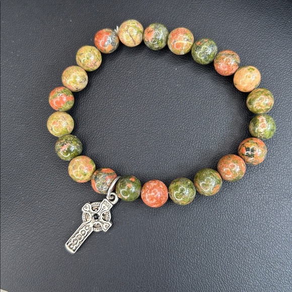 Unakite Stone Beaded Bracelet with Cross Charm - Picture 3 of 8